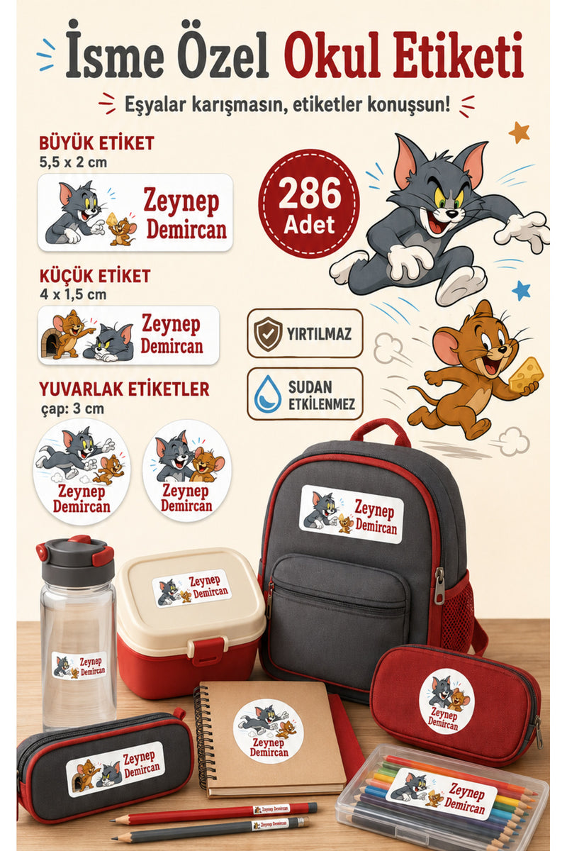 Tom & Jerry Okul Etiketi Kalem Defter Etiketi Özel İsim Yazılabilen Etiket 286 Adet İsim Etiketi
