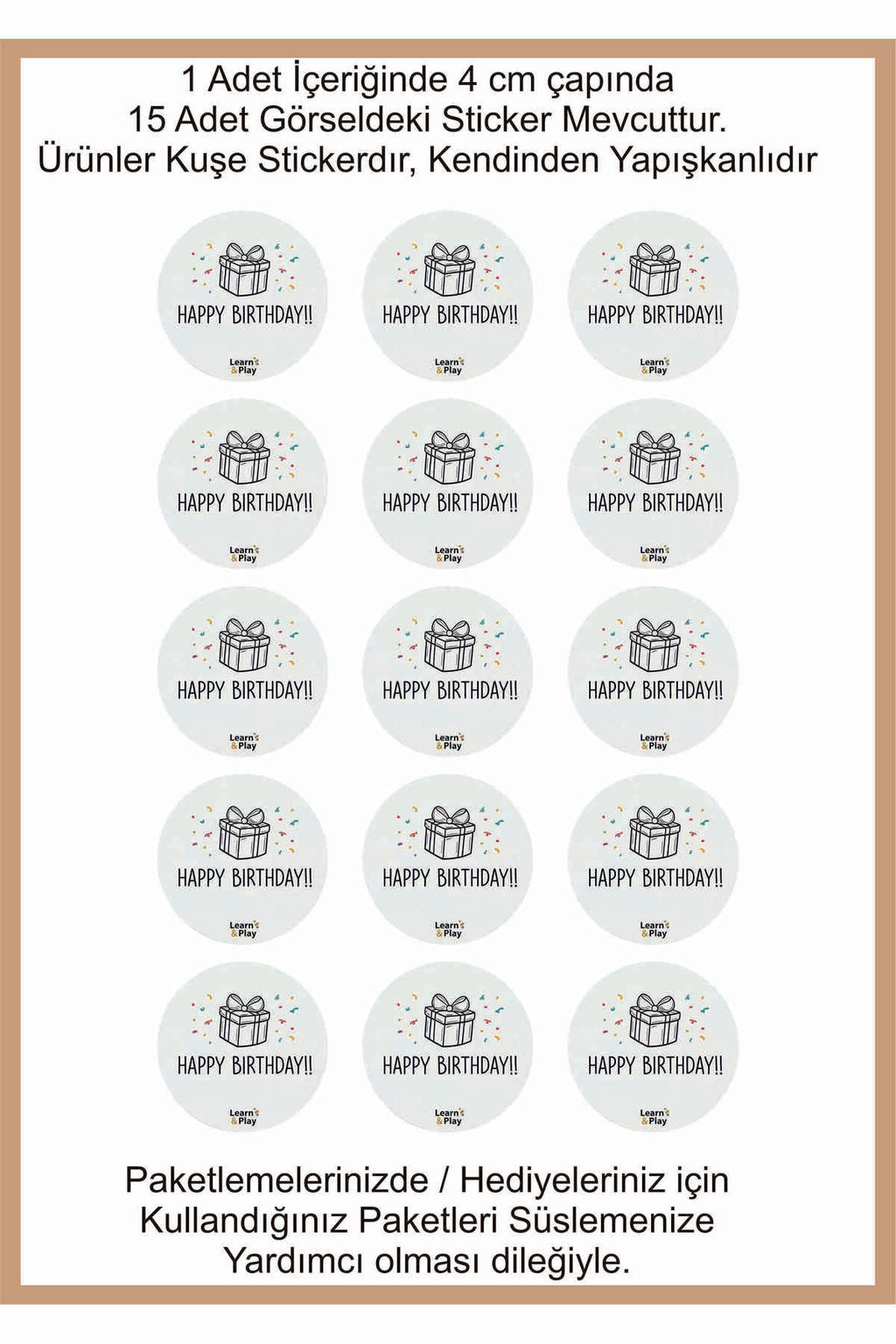 Doğum Günü tebrik sticker seti, 4x4 cm 15 adet Etiket seti