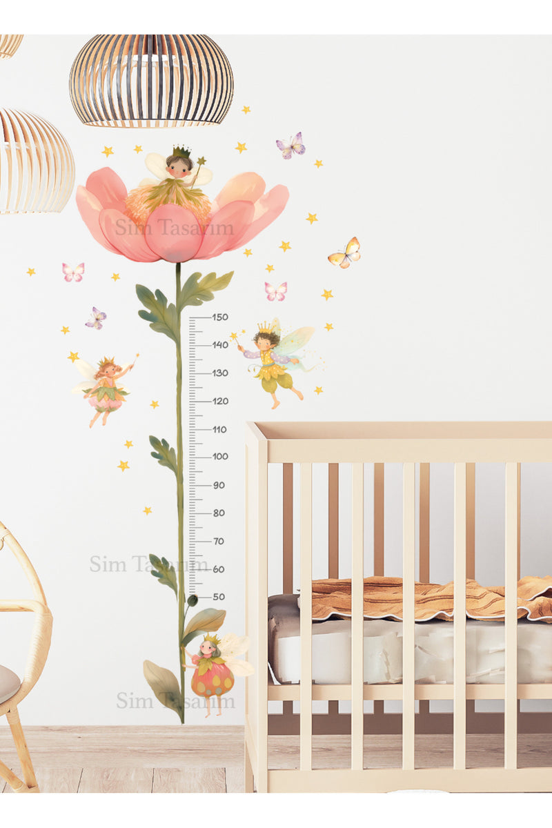 Suluboya Dev Çiçek ve Periler - Kelebekler Boy Ölçer Duvar Sticker Seti