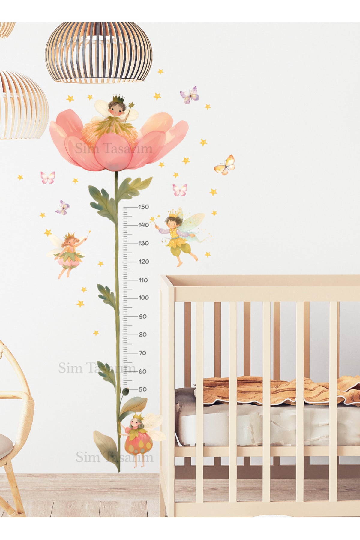 Suluboya Dev Çiçek ve Periler - Kelebekler Boy Ölçer Duvar Sticker Seti