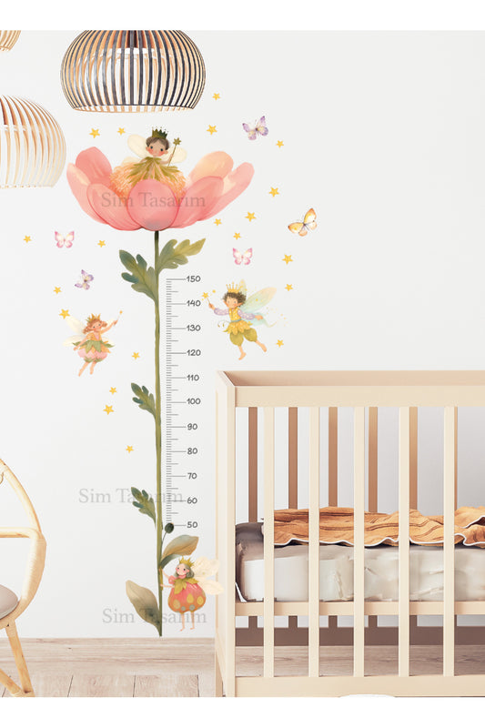 Suluboya Dev Çiçek ve Periler - Kelebekler Boy Ölçer Duvar Sticker Seti