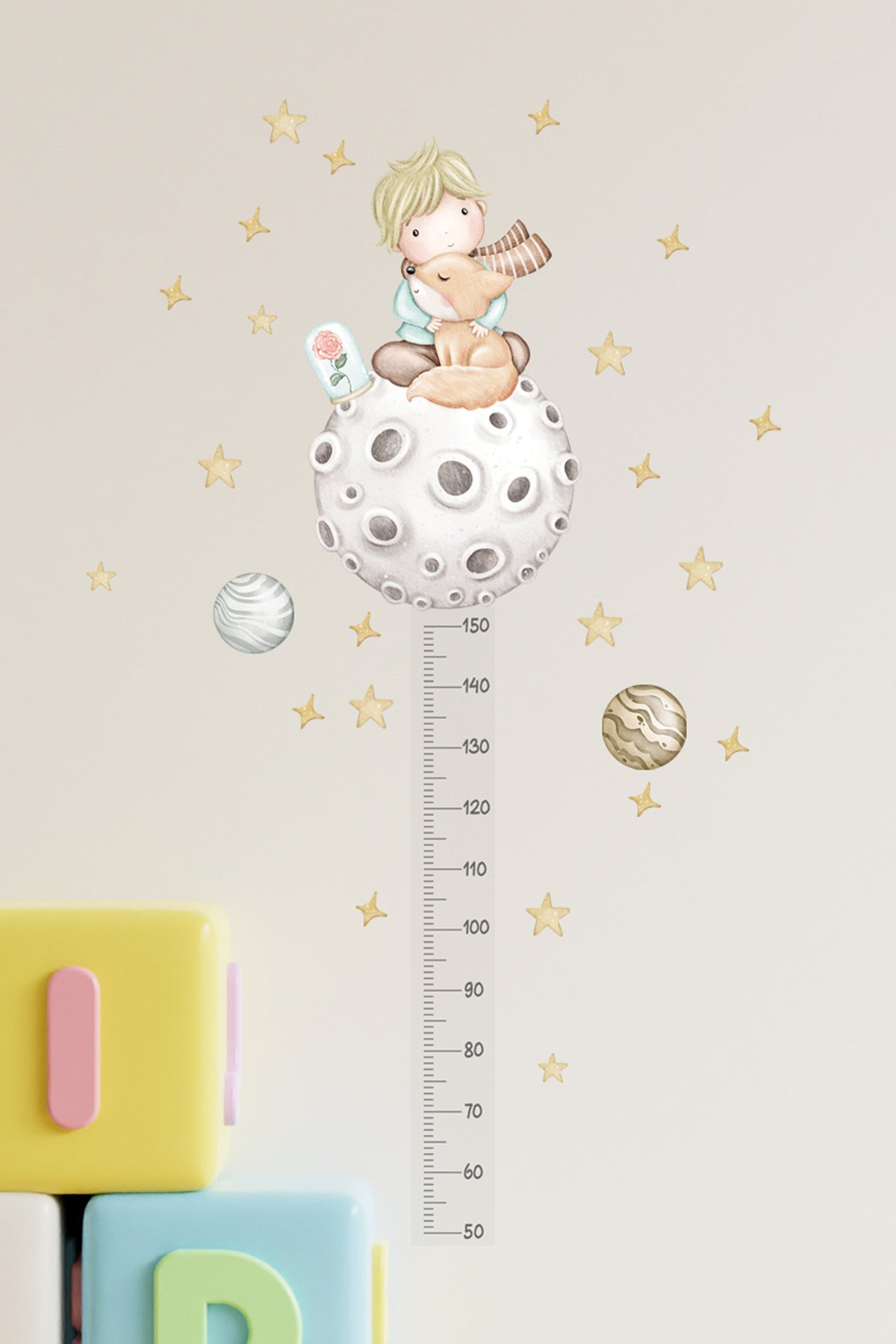 - Boy Ölçer - Pastel Retro Bir Küçük Prens Masalı Çocuk Odası Duvar Sticker Seti
