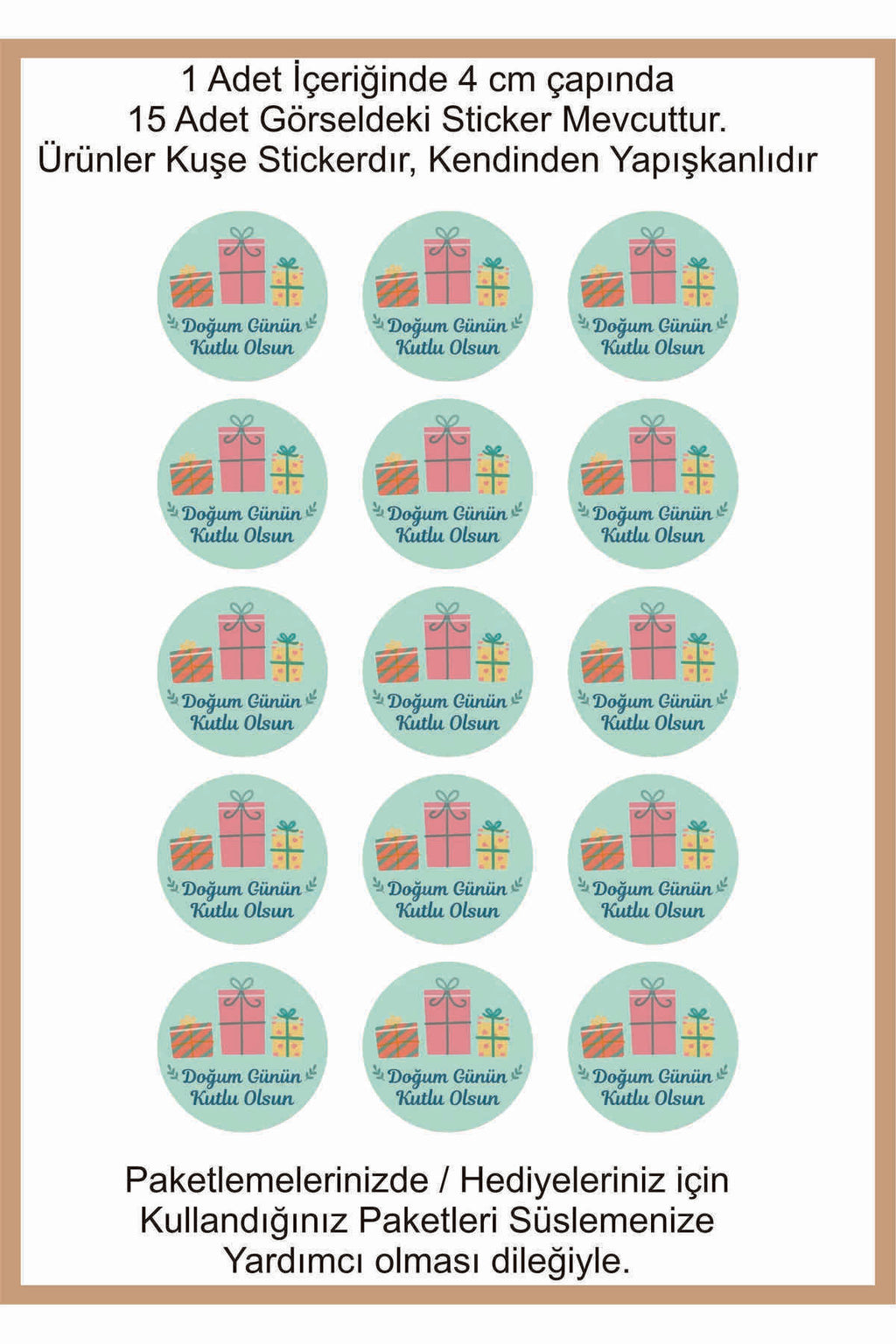 Doğum Günü tebrik sticker seti, 4x4 cm 15 adet Etiket seti