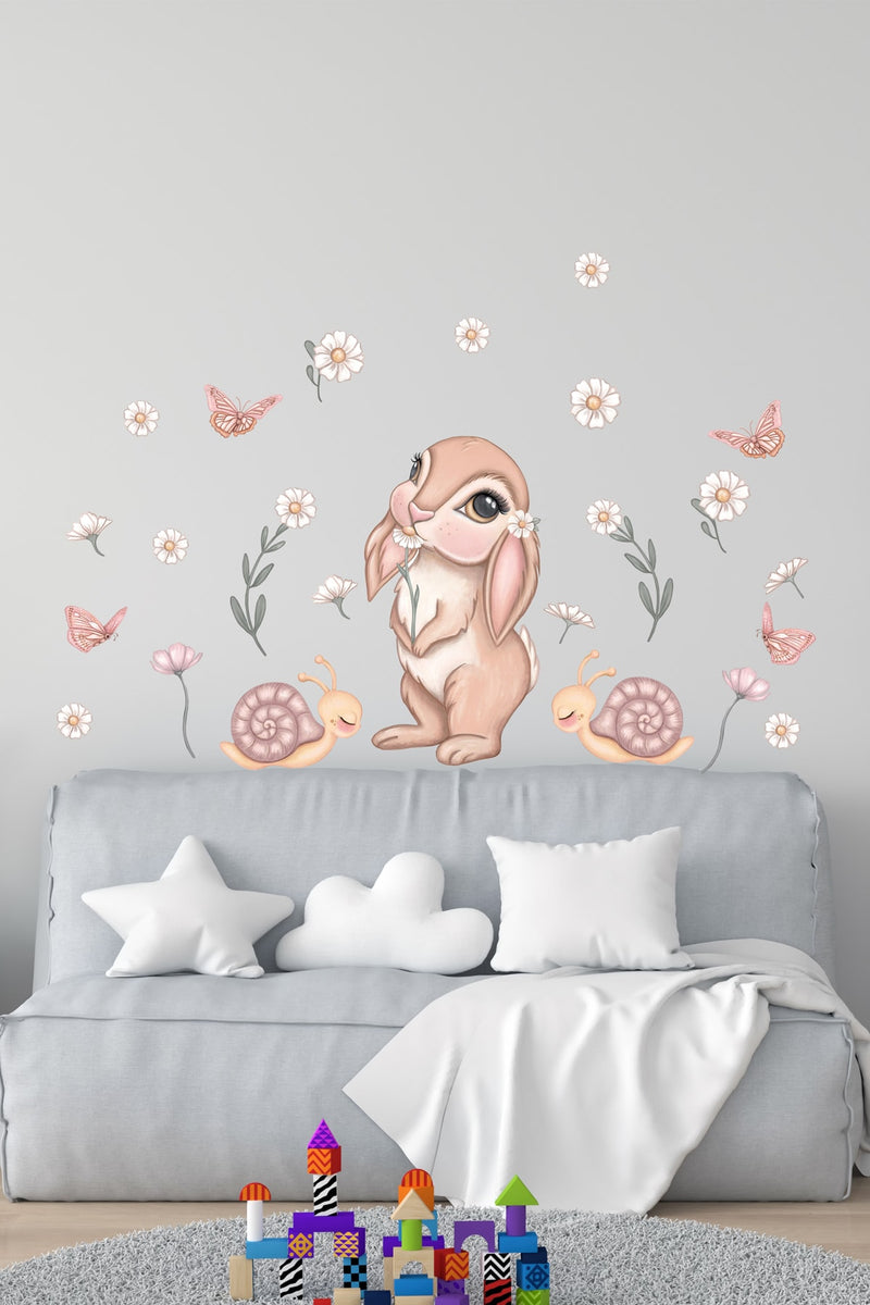 Sevimli Tavşan Papatyalar Kelebekler Çocuk Odası Duvar Sticker Seti Sım396