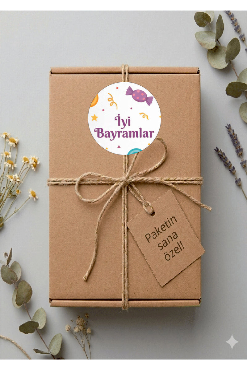 İyi Bayramlar yazılı, Paketleme Kutularına Özel Tasarım Etiketler 4 cm Çapında 15 Adet Etiket