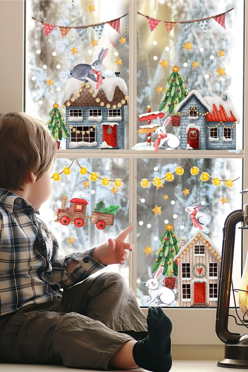 Yılbaşı Eğlenceli Tavşanlı Şehir Yeni Yıl Karlı Şehir Cam Kapı Dolap Süsleme Sticker Set