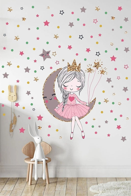 Ayda Oturan Sevimli Kız Ve 150 Adet Yıldız Ve Puantiyeler Çocuk Odası Mega Duvar Sticker Seti