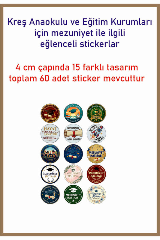 Okul Kreş ve Eğitim Kurumları için Eğlenceli Mezuniyet Etiketleri 4 cm çap 15 farklı model