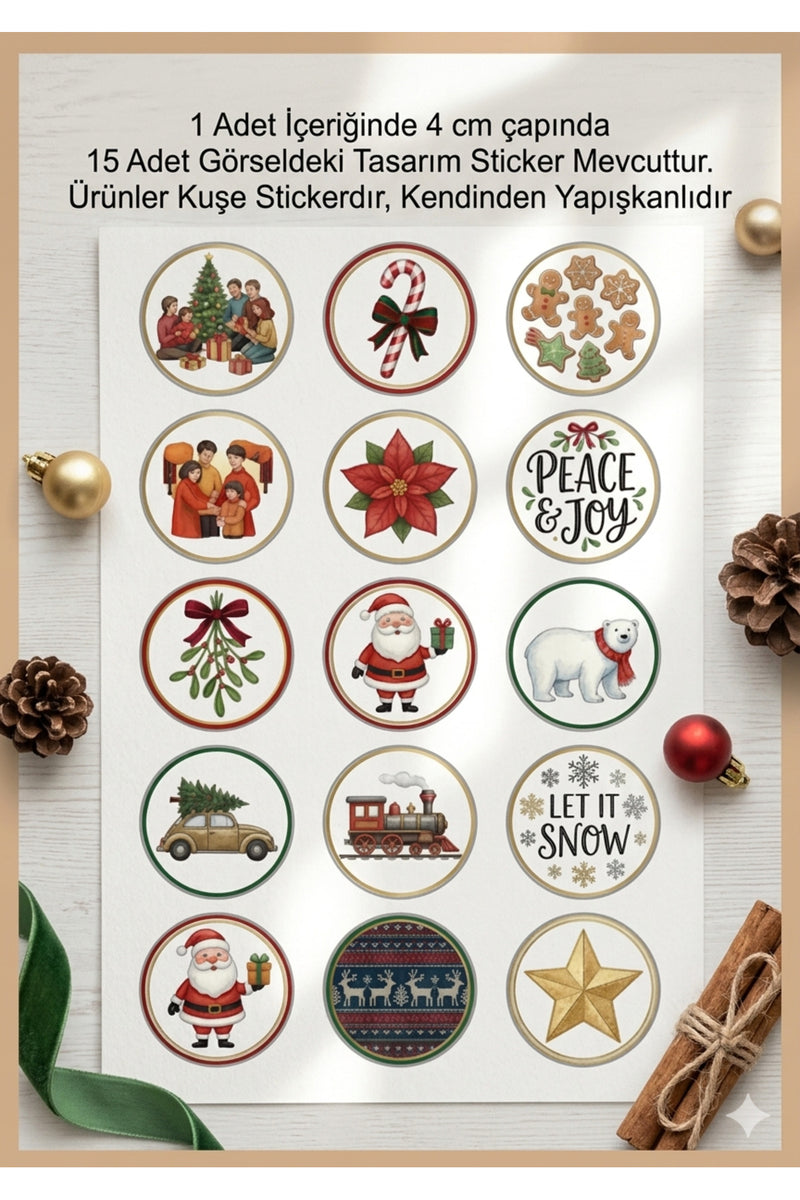 15 farklı model yılbaşı hediye sticker, paketleme üzerine süsleme, 4 cm boyut