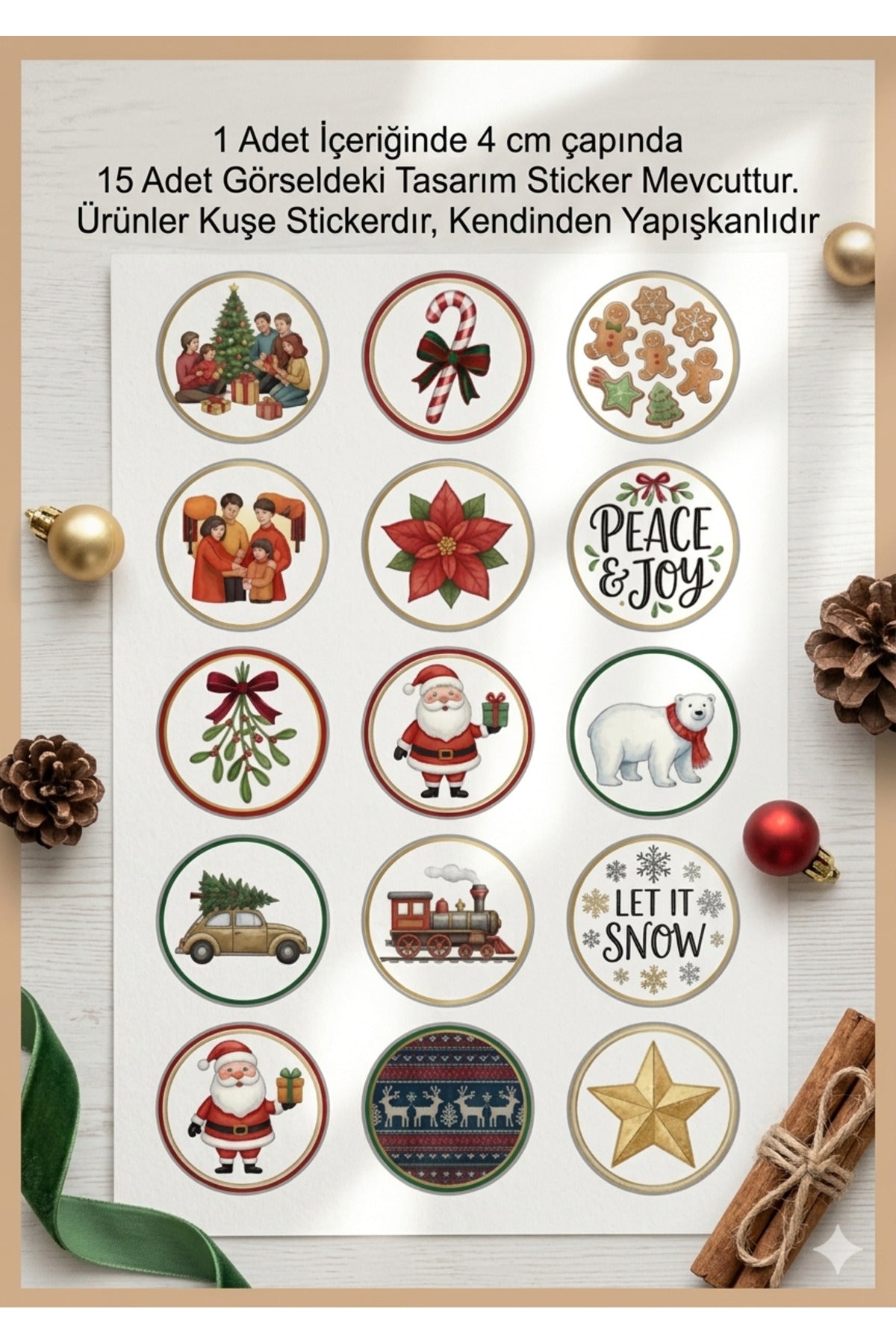 15 farklı model yılbaşı hediye sticker, paketleme üzerine süsleme, 4 cm boyut