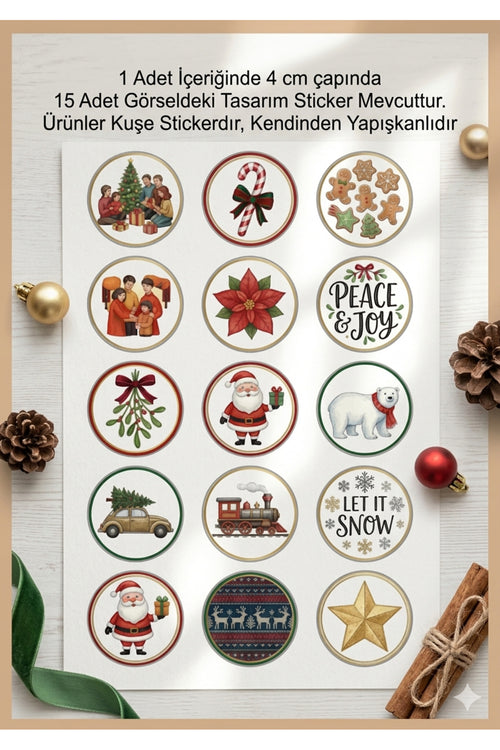 15 farklı model yılbaşı hediye sticker, paketleme üzerine süsleme, 4 cm boyut