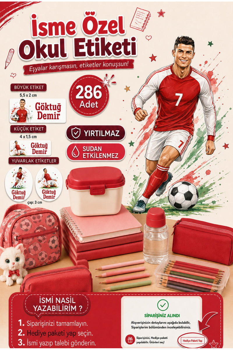 Futbolcu Okul Etiketi Kalem Defter Etiketi Özel İsim Yazılabilen Etiket 286 Adet İsim Etiketi