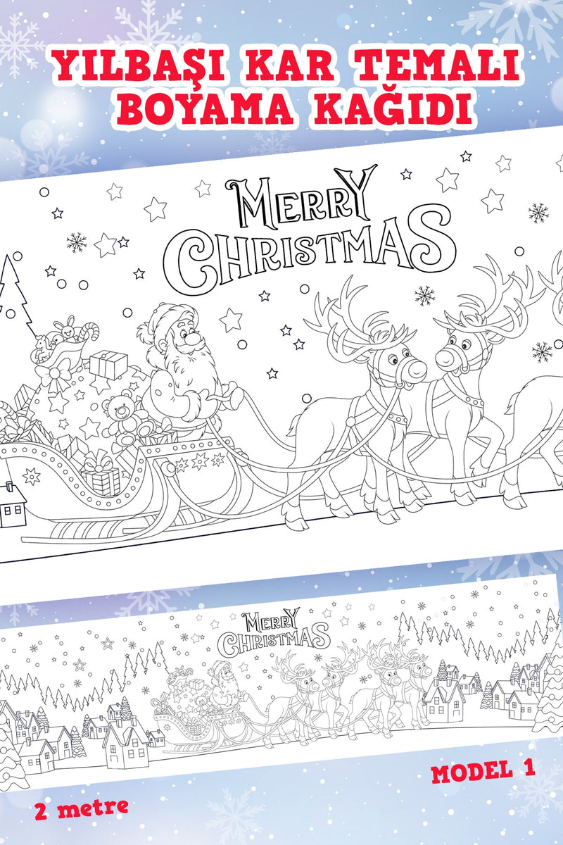 - Yılbaşı Karlı Şehir Noel Baba Ve Geyikler Boyama Aktivite Kağıdı -model1- 60 X 200 Cm