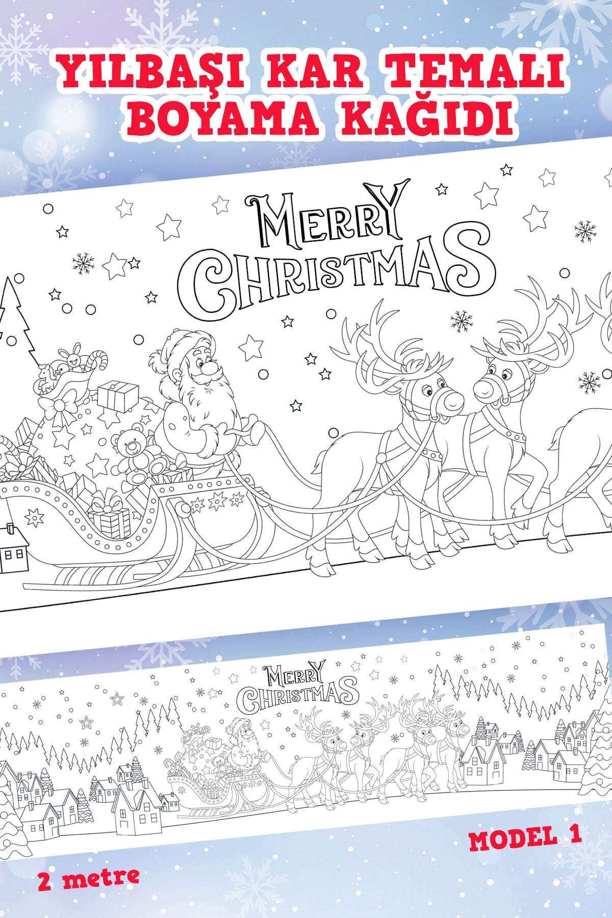 - Yılbaşı Karlı Şehir Noel Baba Ve Geyikler Boyama Aktivite Kağıdı -model1- 60 X 200 Cm