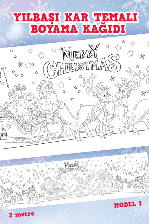 - Yılbaşı Karlı Şehir Noel Baba Ve Geyikler Boyama Aktivite Kağıdı -model1- 60 X 200 Cm
