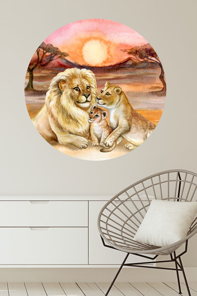 Aslan Kral Aslan Ailesi Yuvarlak Duvar Sticker