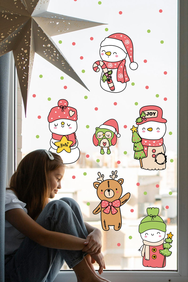 Yeniyıl Kardan Adamlar Yılbaşı New Year - Süsleme Cam Duvar Sticker - Sm201