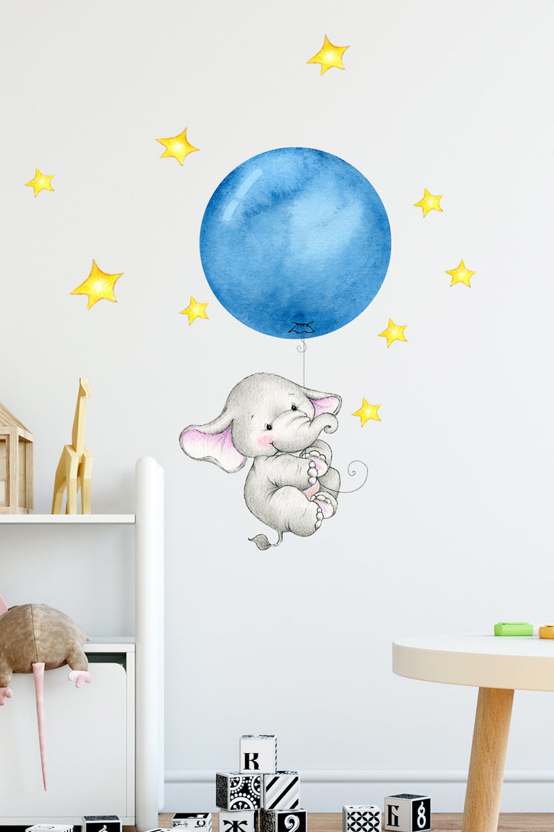 Mavi Balonlu Sevimli Fil Duvar Sticker Seti