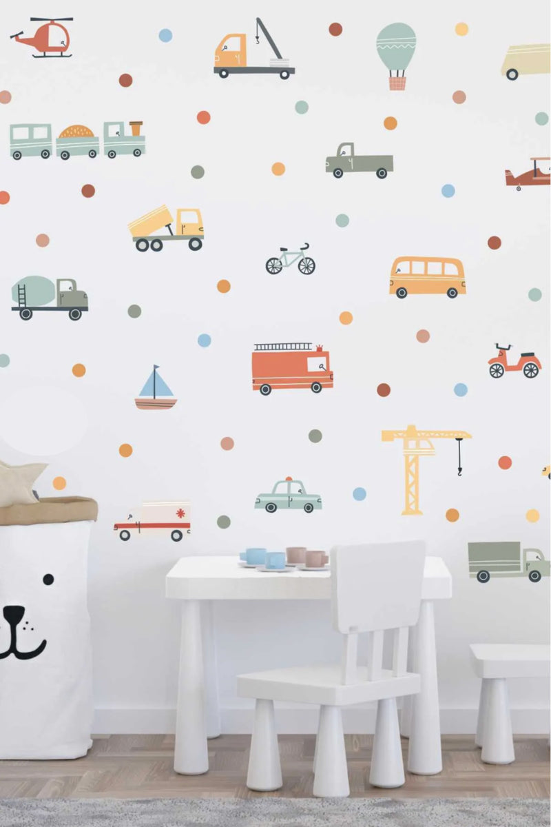 Pastel Renk Araçlar Arabalar Çocuk Odası Duvar Sticker Seti