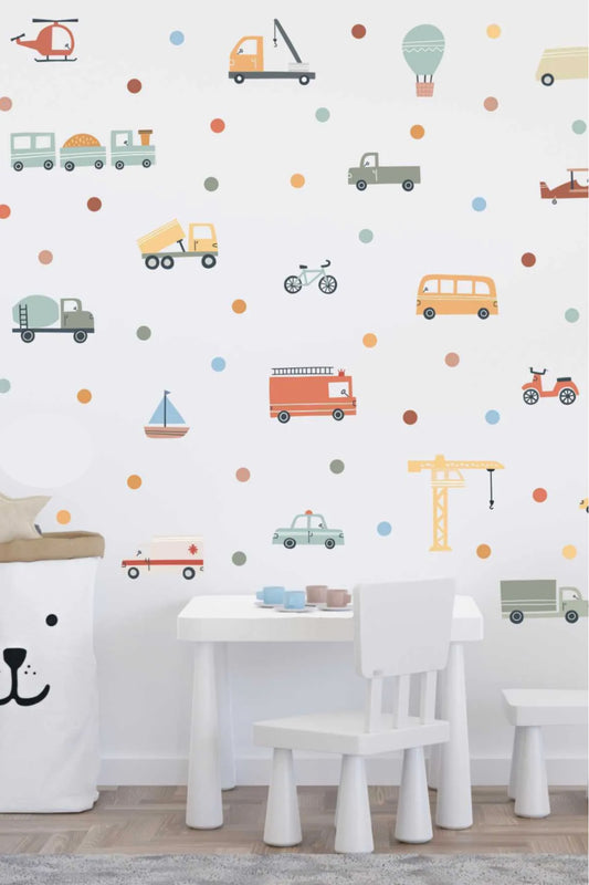 Pastel Renk Araçlar Arabalar Çocuk Odası Duvar Sticker Seti