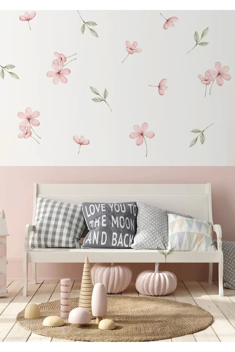 Pembe Çayır Çiçekleri Ve Yapraklar Duvar Sticker Seti