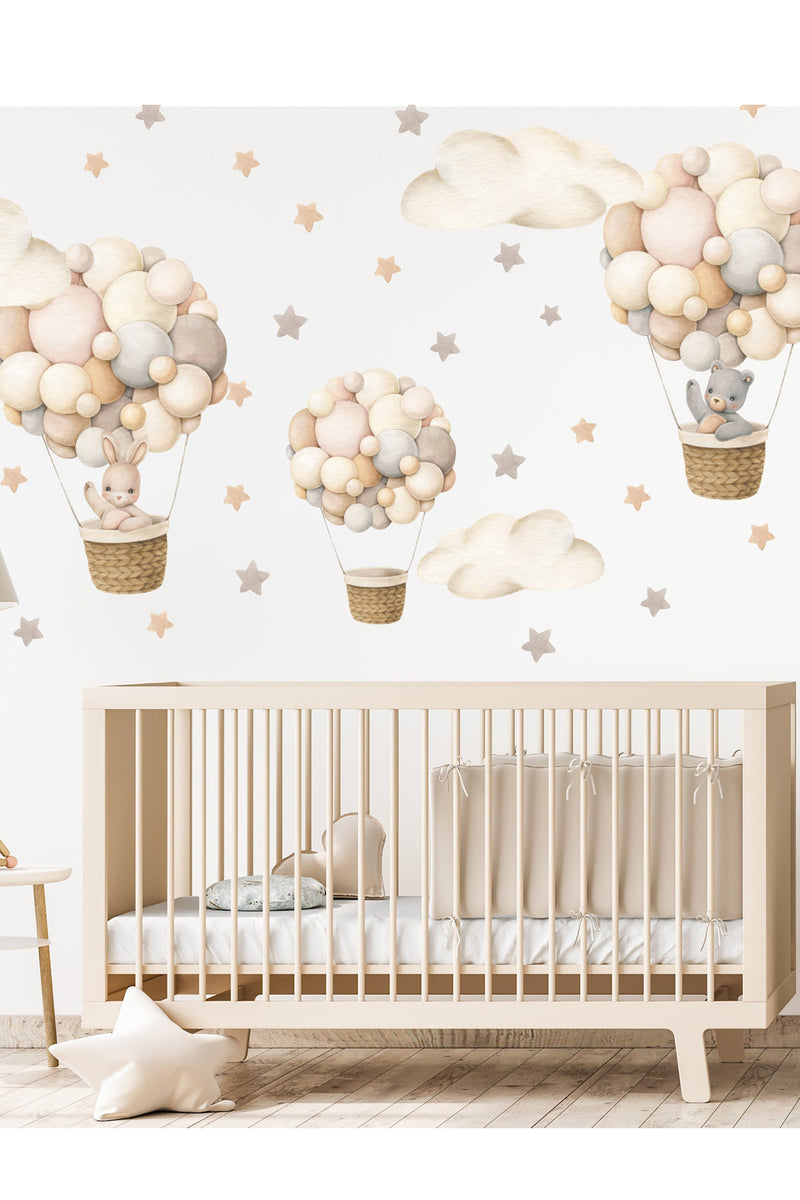 Boy Ölçerli Pastel Havabalonunda Sevimli Hayvanlar Çocuk Odası Duvar Sticker Seti