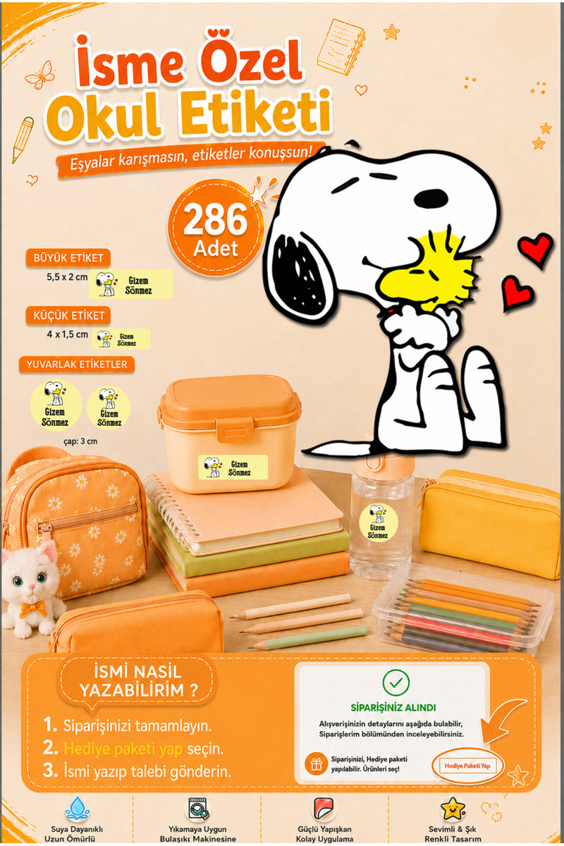 Snoopy Okul Etiketi Kalem Defter Etiketi Özel İsim Yazılabilen Etiket 286 Adet İsim Etiketi