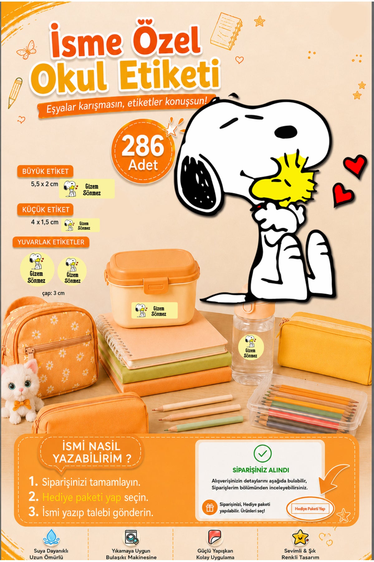 Snoopy Okul Etiketi Kalem Defter Etiketi Özel İsim Yazılabilen Etiket 286 Adet İsim Etiketi