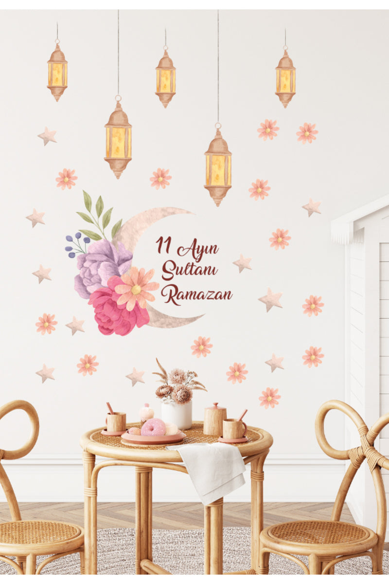 Ramazan Çiçekli Sarkıt Fenerli 11 Ayın Sultanı Dekoratif Cam Duvar Sticker Seti