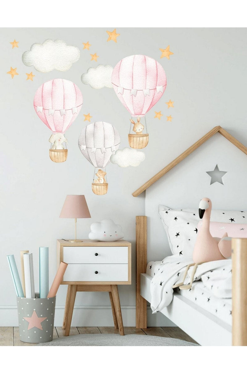 Pembe Uçan Hava Balonları Duvar Sticker Seti