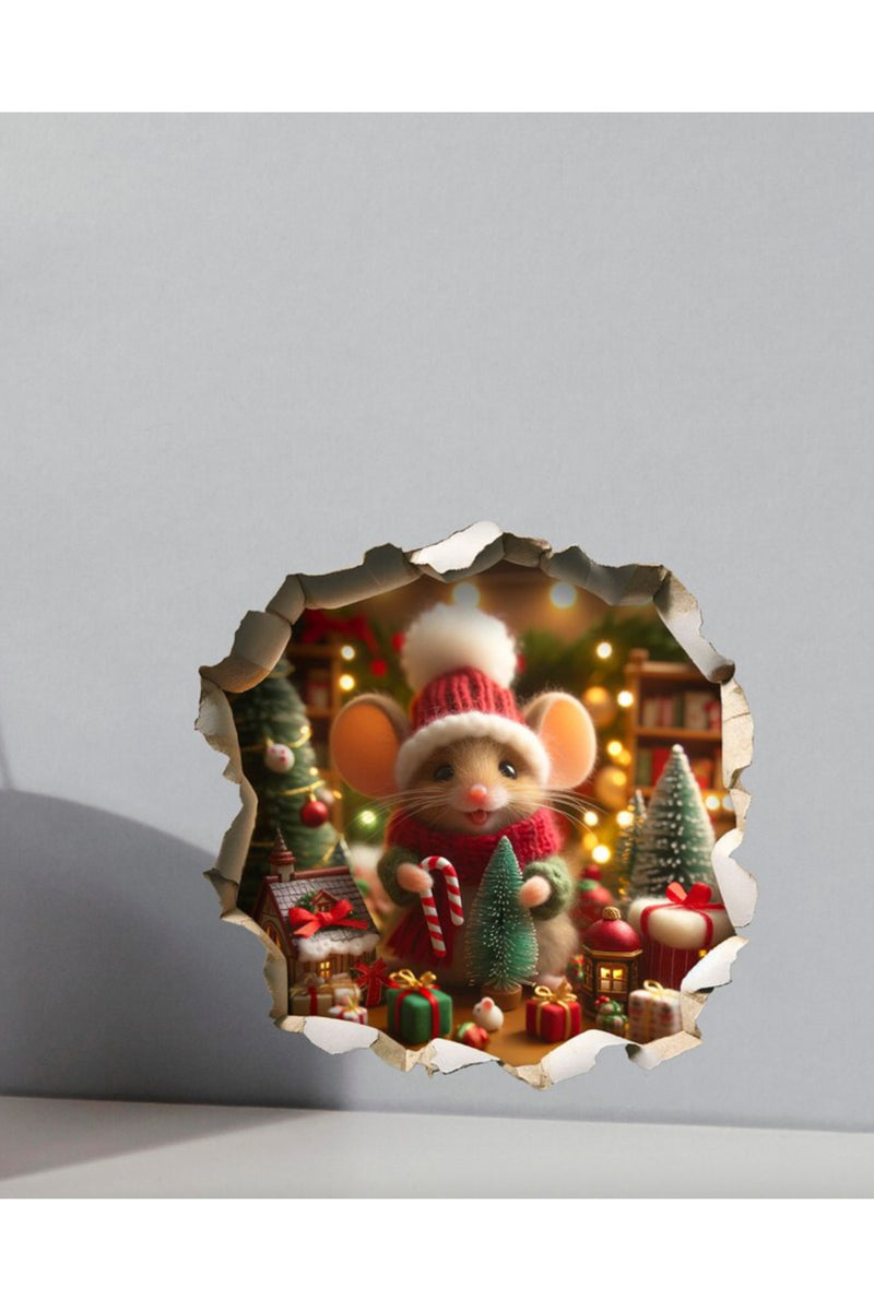 Şapkalı Yeniyıl Temalı Sevimli Noel Faresi Yılbaşı Yeni Yıl Dekoratif Sticker