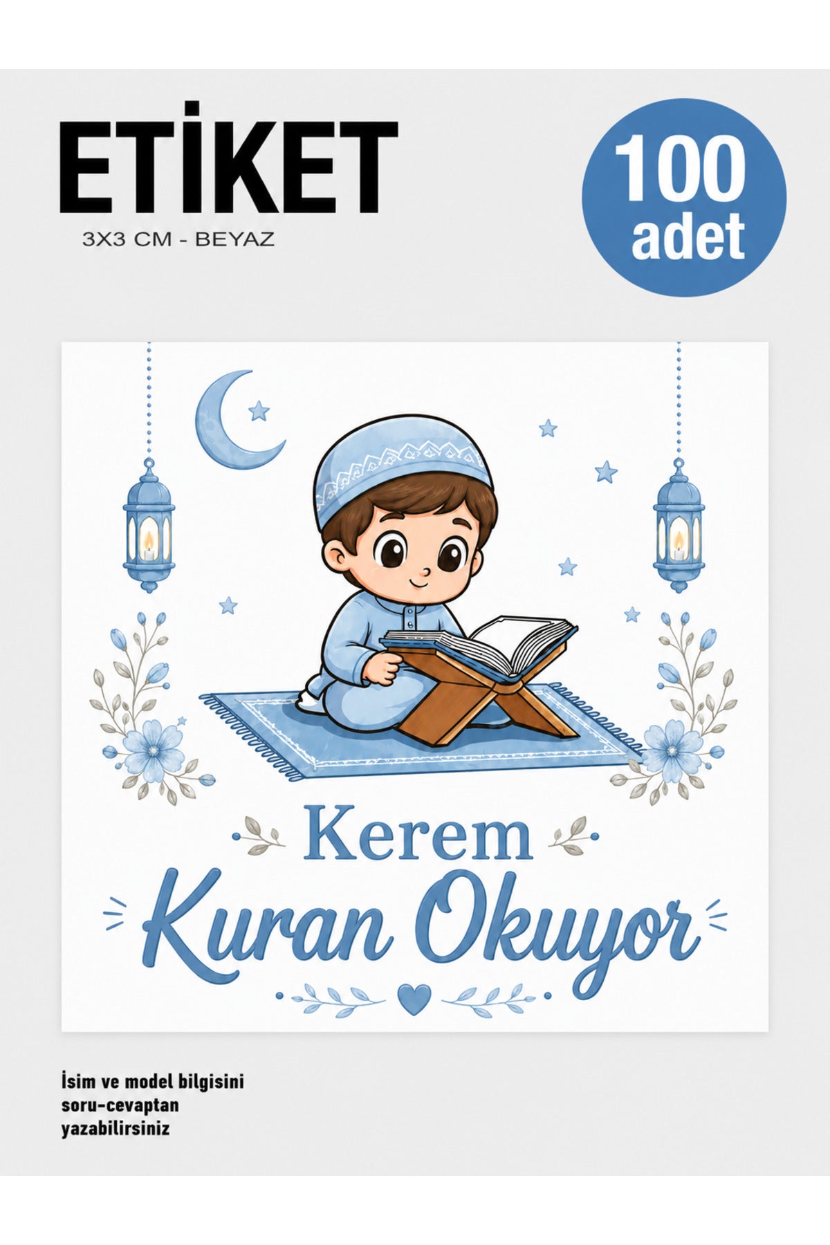 Mavi - İsme Özel Kuran Okuyorum - Mevlüt - Hediye Etiketi 3cm 100 Adet Etiket