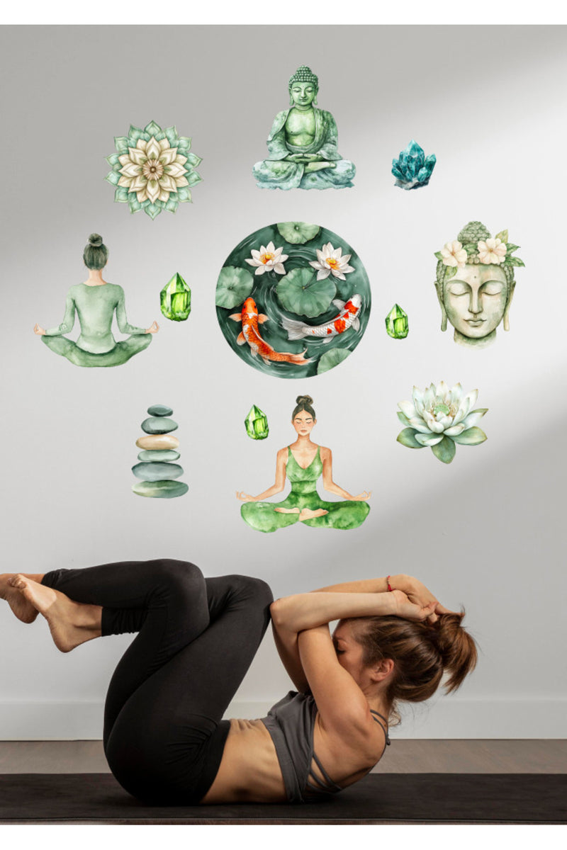 Zen Yoga Stüdyo Duvar Sticker Seti Mandala Lotus Kristal Budha Dekor Etiket Seti