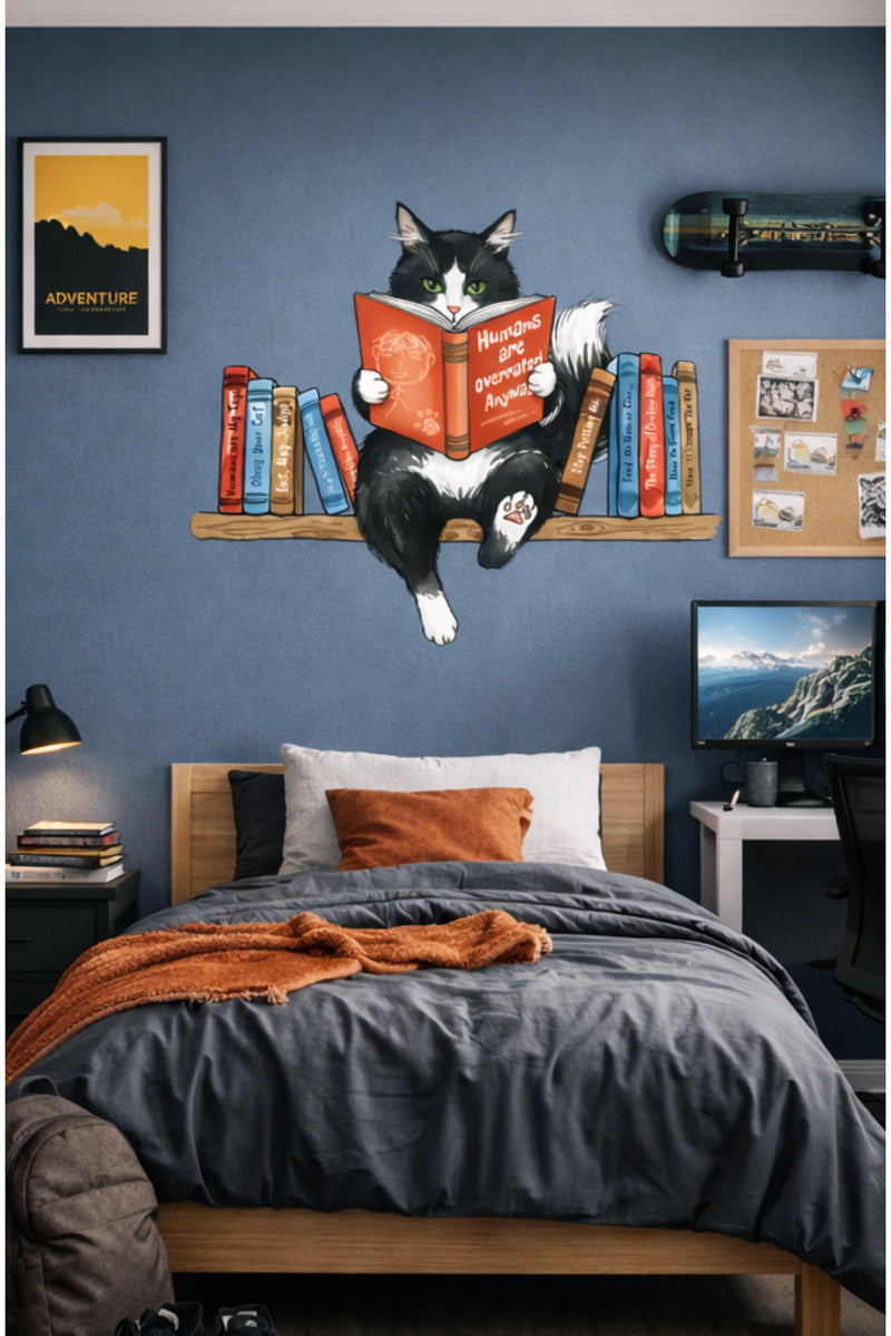 Rafta Kitap Okuyan Kara Kedi Dekoratif Duvar Sticker