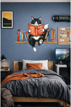 Rafta Kitap Okuyan Kara Kedi Dekoratif Duvar Sticker