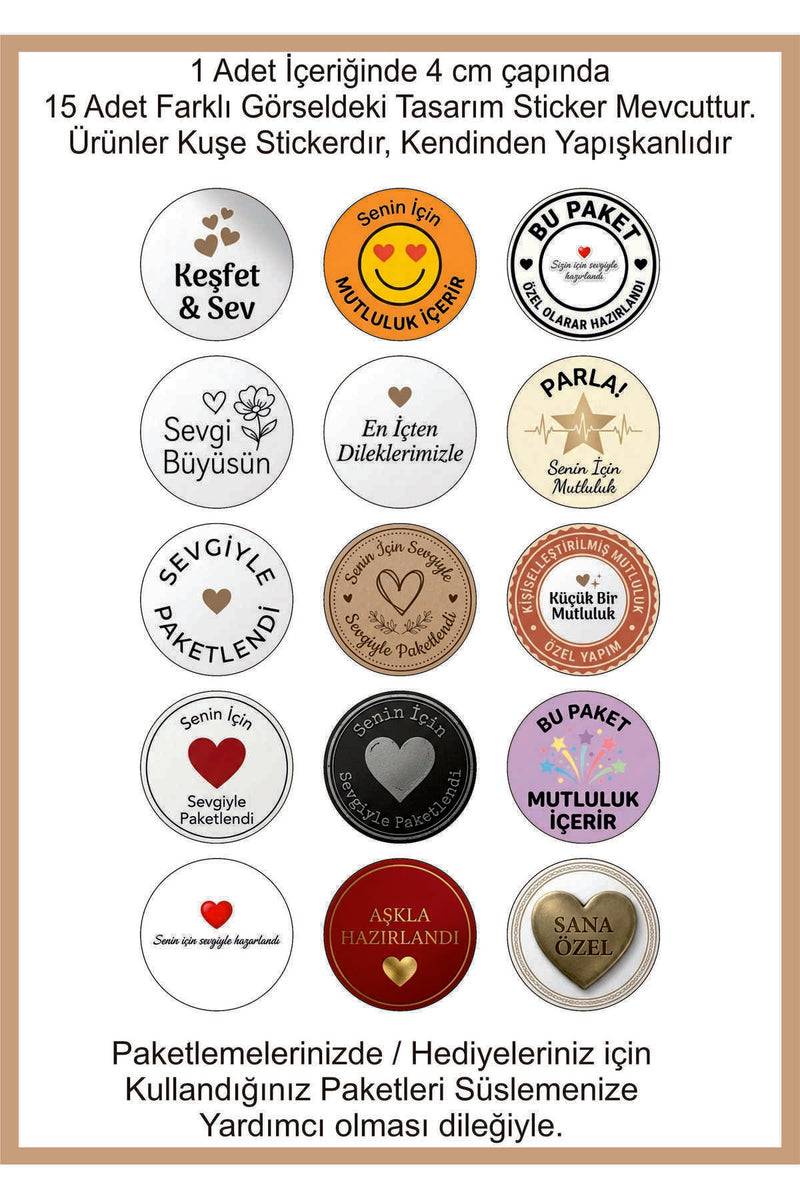 Paketlemeye özel 60 adet sticker, 15 farklı model karışık olarak