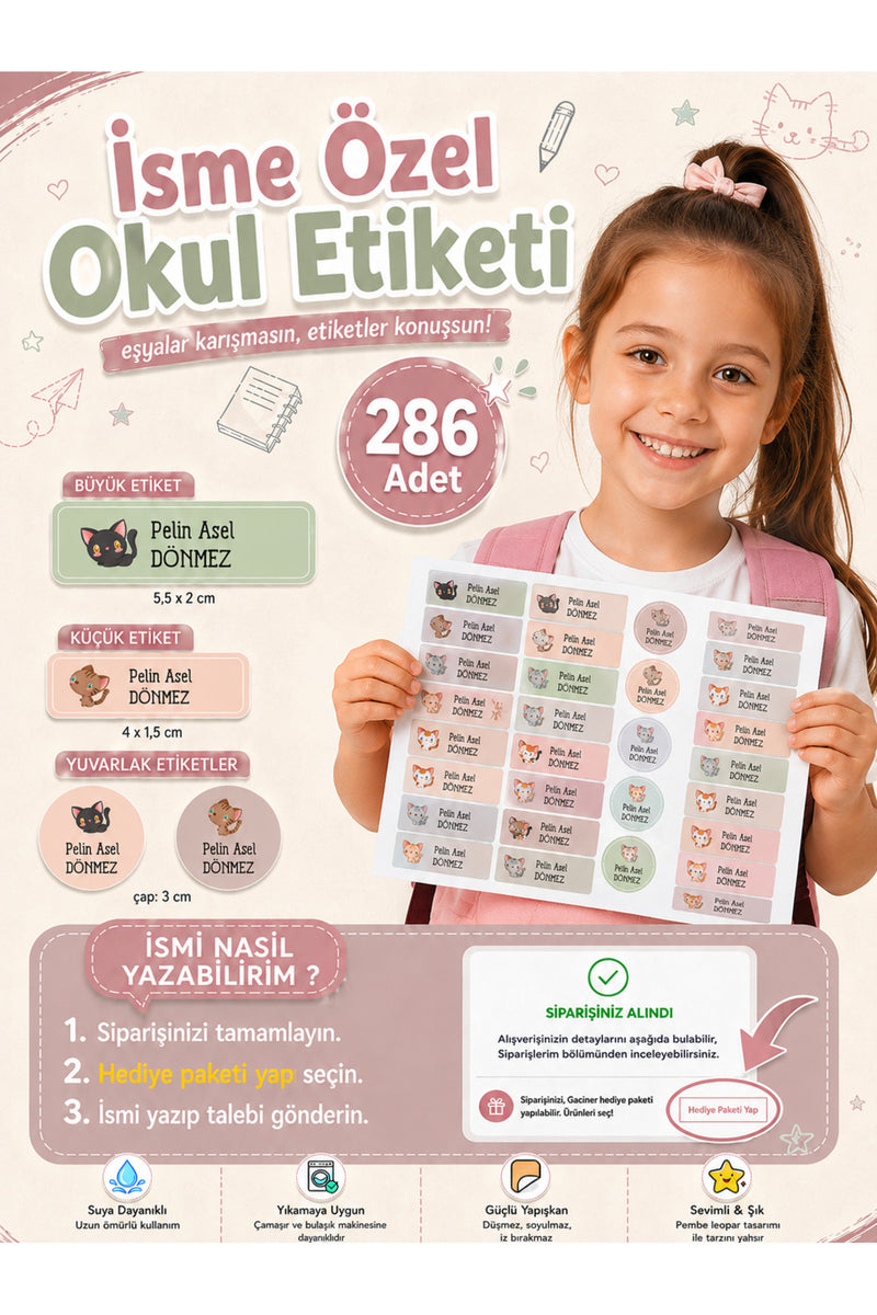 Okul Etiketi Kedi Temalı Kalem Defter Etiketi Özel İsim Yazılabilen Etiket 286 Adet İsim Etiketi