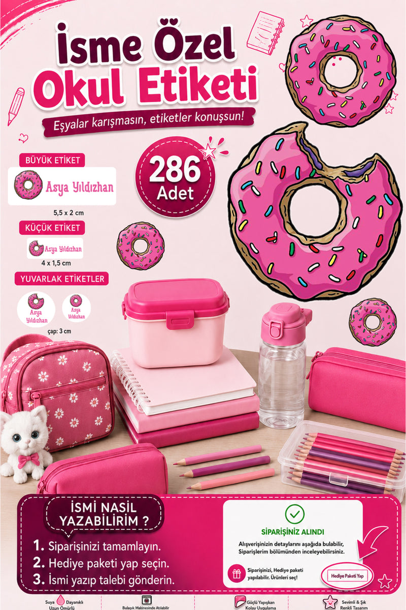 Pembe Donat Okul Etiketi Kalem Defter Etiketi Özel İsim Yazılabilen Etiket 286 Adet İsim Etiketi