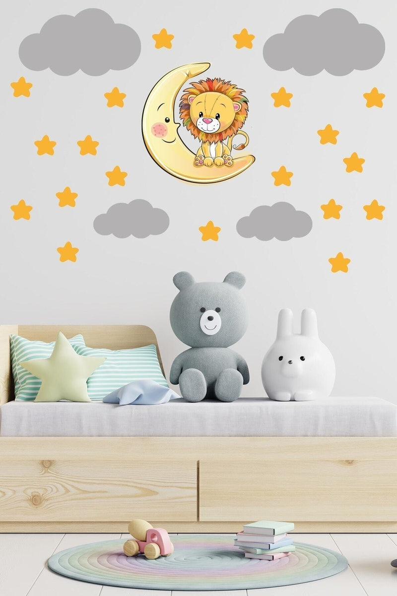 Sevimli Aslan Sarı Yıldızlar Ve Gri Bulutlar Dekoratif Bebek Çocuk Odası Duvar Sticker