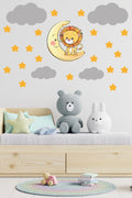 Sevimli Aslan Sarı Yıldızlar Ve Gri Bulutlar Dekoratif Bebek Çocuk Odası Duvar Sticker