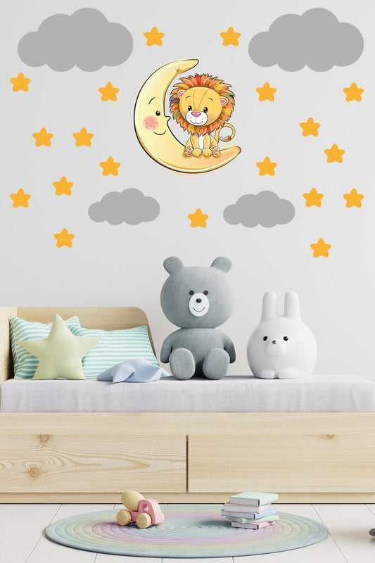 Sevimli Aslan Sarı Yıldızlar Ve Gri Bulutlar Dekoratif Bebek Çocuk Odası Duvar Sticker