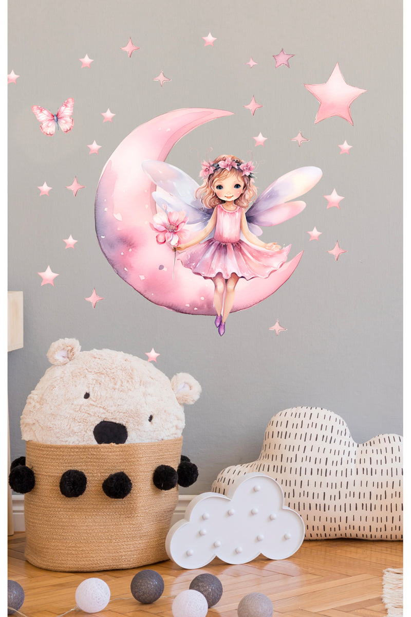 Soft Pembe Ayda Oturan Peri Kızı Bebek Çocuk Odası Duvar Sticker Seti