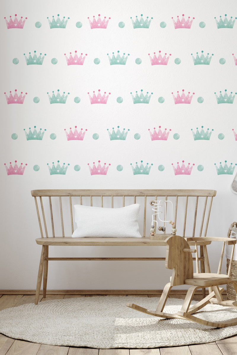 Pembe Mint Yeşili Taç Duvar Sticker Seti 70'li