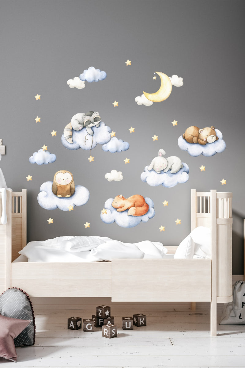 Minik Uykucu Hayvanlar - Mavi Çocuk Odası Duvar Sticker Seti