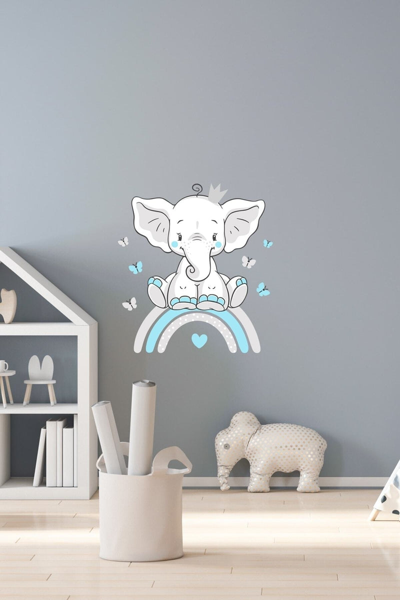 Mavi Renk Sevimli Fil Ve Gökkuşağı Duvar Sticker Seti