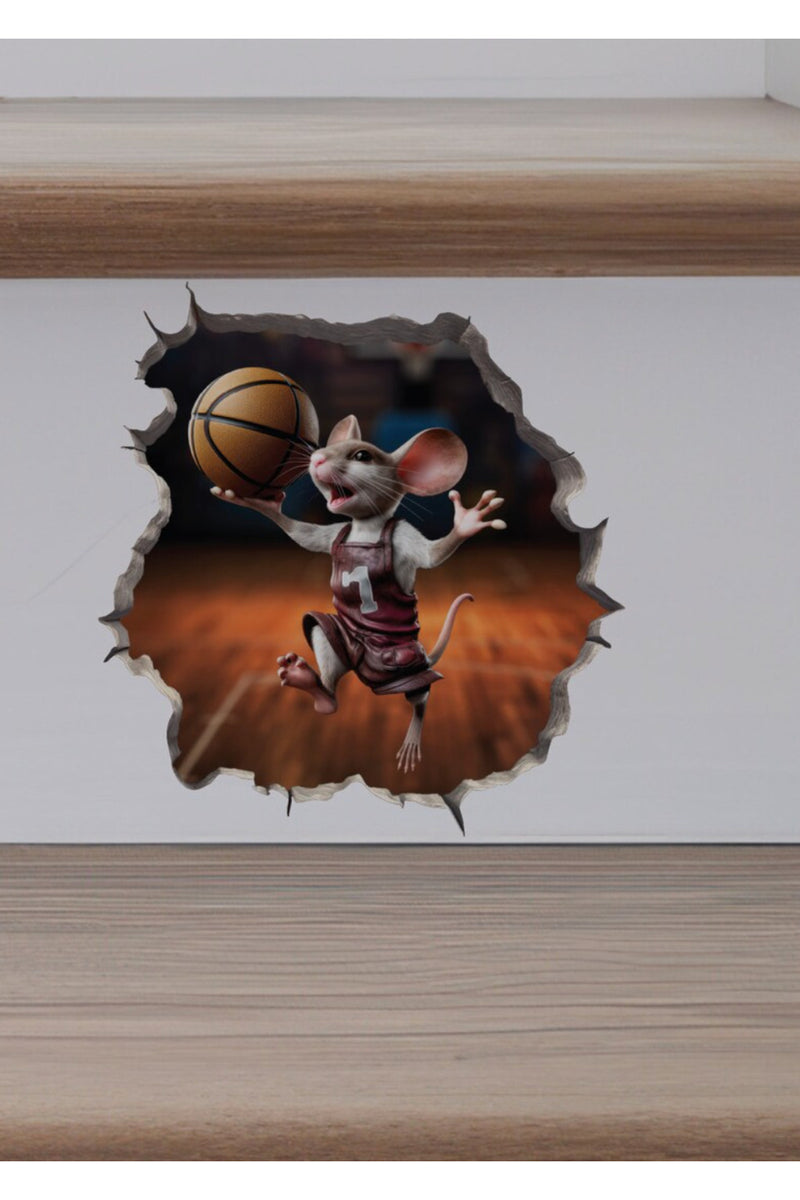 Kırık Duvar Efektli Top Oyunu Oynayan Sevimli Fareler Dekoratif Duvar Sticker