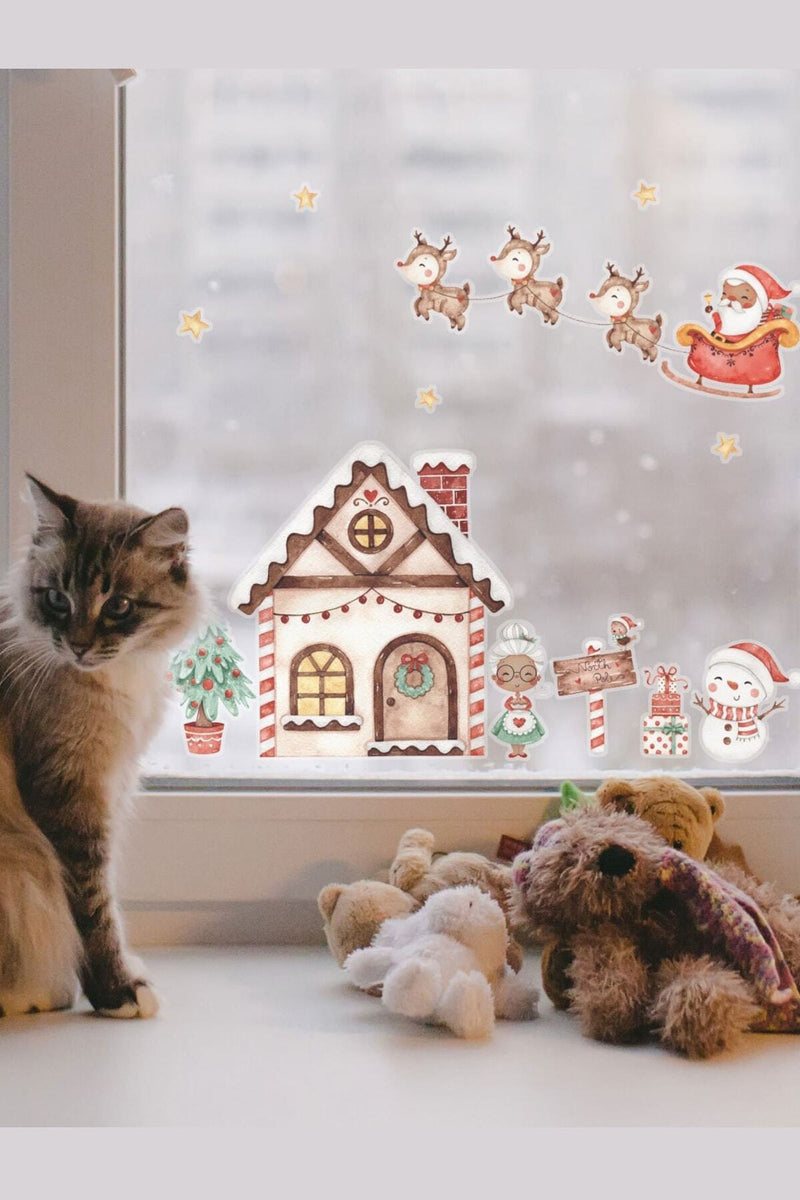 Yılbaşı Kızak Ve Geyikler Noel Baba Yeni Yıl Şehri Cam Kapı Duvar Sticker Seti