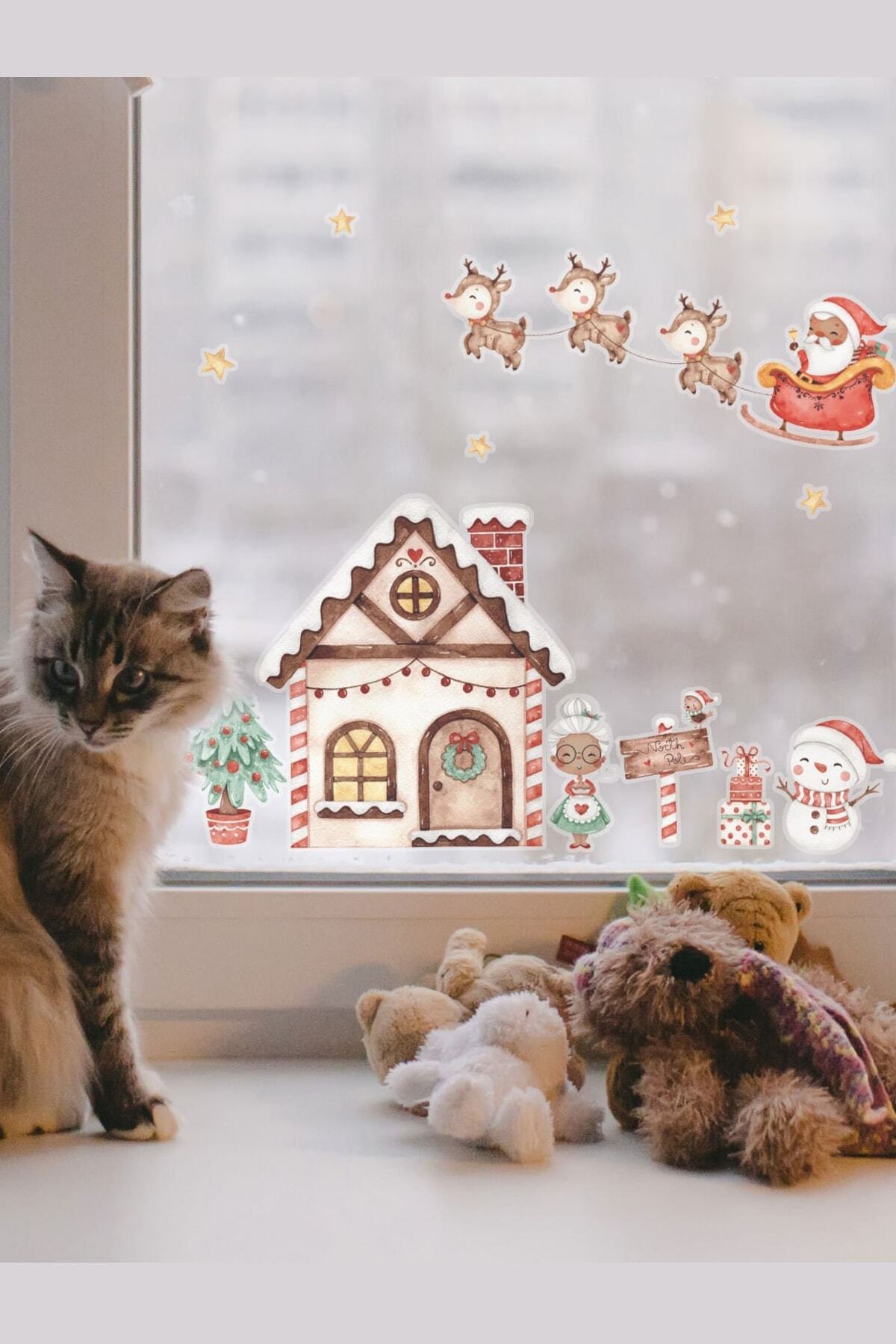 Yılbaşı Kızak Ve Geyikler Noel Baba Yeni Yıl Şehri Cam Kapı Duvar Sticker Seti
