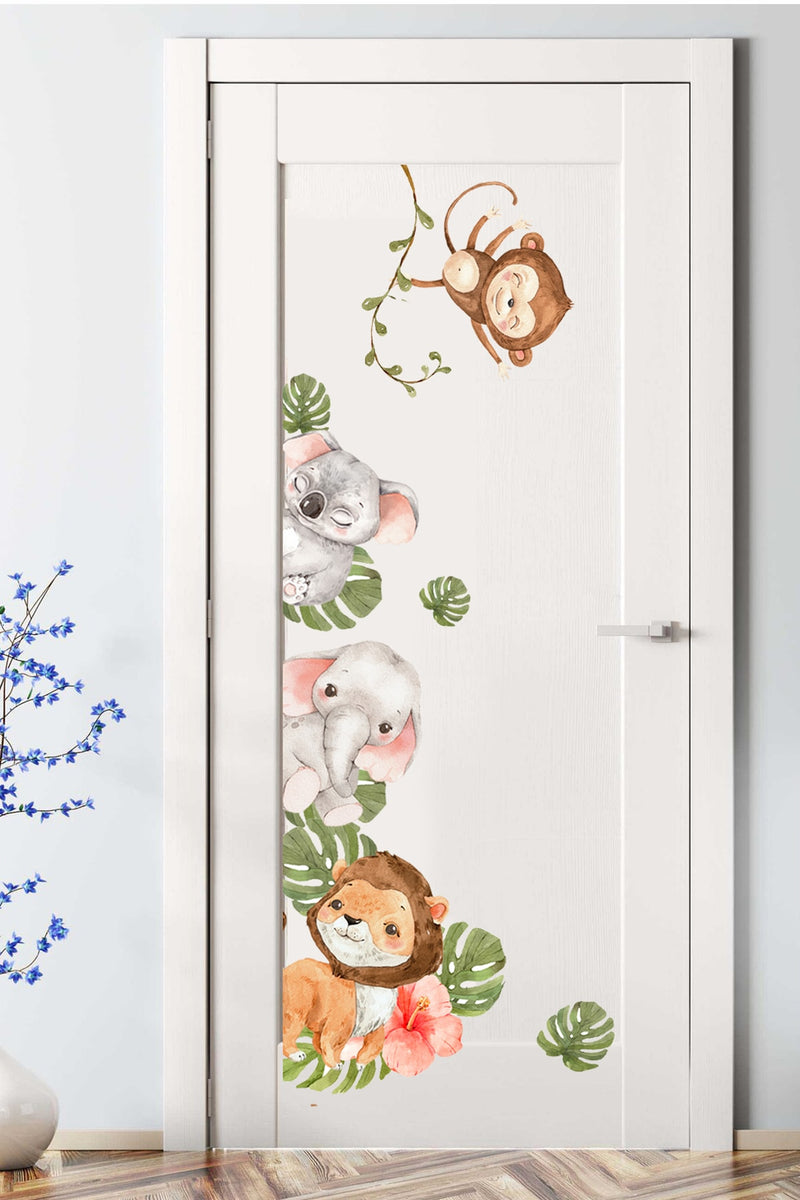 - Kapı Sticker - Suluboya Tropikal Safari Hayvanlar Çocuk Odası Kapı Sticker Seti