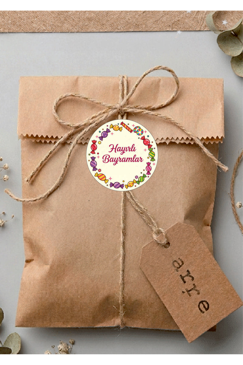 Hayırlı Bayramlar yazılı, Paketleme Kutularına Özel Tasarım Etiketler 4 cm Çapında 15 Adet Etiket